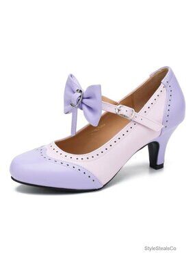 Mary Jane Kitten Heel Pumps Two Tone Bow Round Toe Dress Shoes